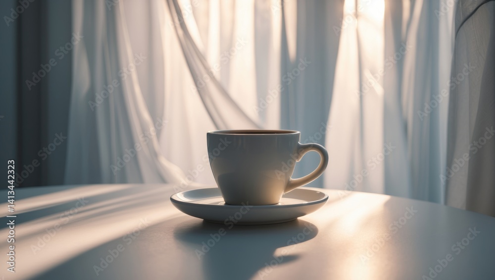 Poster coffee cup of espresso on a table illuminated by light. food and drink visuals