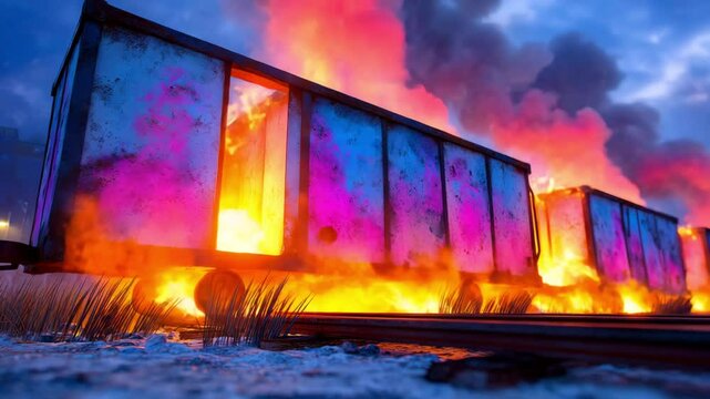 Scorched steel containers engulfed in dancing flames radiating mystical allure, crackling embers and smoke spirals creating ethereal glow amidst overgrown weeds and abandoned machinery under dusky ind