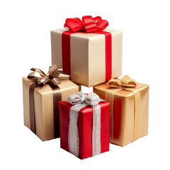 Obraz premium Colorful wrapped gifts stacked on a transparent background, perfect for festive occasions or celebrations, red present gift ribbons isolated on transparent background