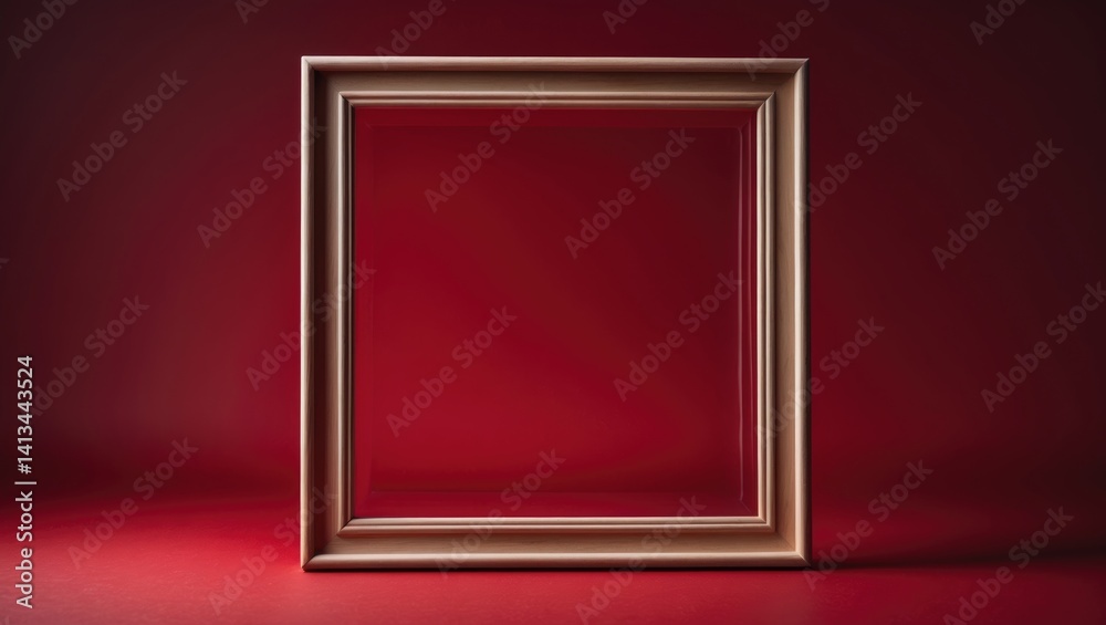 Poster empty wooden photo frame in classic style against a red background