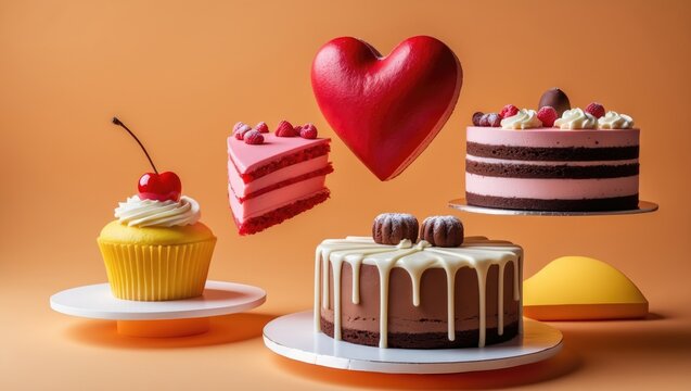 Diverse floating cakes with embellishments. Luxurious fresh mousse dessert in mid-air against a colorful backdrop