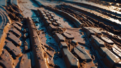 Obraz premium Multiple vehicle wheel impressions on the muddy surface.