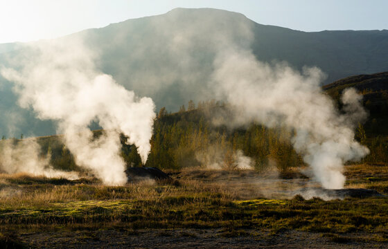 South Iceland. Steam vents from a geothermal active hot spring in Haukadalur.