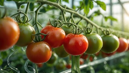 A detailed view of ripe and unripe tomatoes on the vine within a greenhouse.