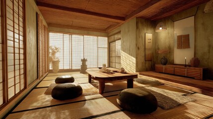 Traditional Japanese tea room with tatami flooring, shoji screens, and subtle earth tones for a calming vibe.