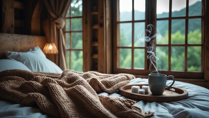 Bedroom interior design with a rustic touch. Warm, cozy blanket on the bed near the window.