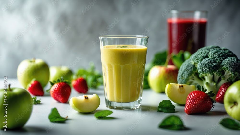 Poster tasty juice and fresh components on the table. area for text