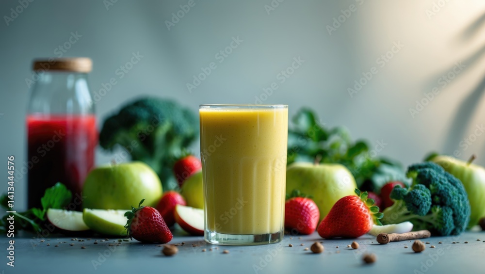 Poster savory juice and fresh elements on the table. room for text