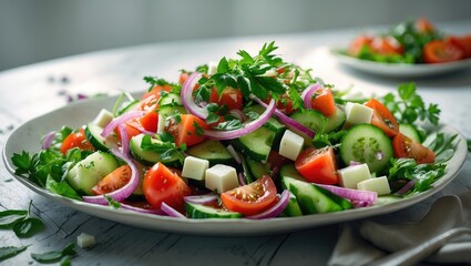 Plate of vegetable salad garnished with cheese