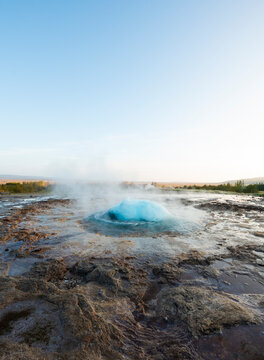 Haukadalur Valley, Iceland. Active bubbling water of the Strokkur geyser.