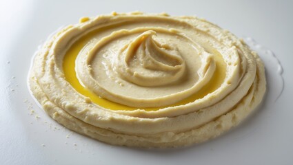 Top view of a delectable hummus sample on a white background