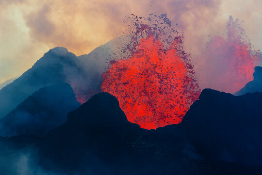 Reykjavik, Iceland. The Bardarbunga Volcano erupts spitting hot lava into the air.