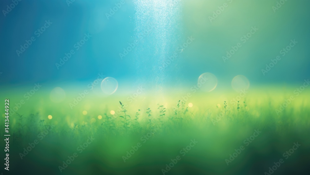 Poster earth day theme abstract blurry soft green bokeh lights in a meadow with blue sky background