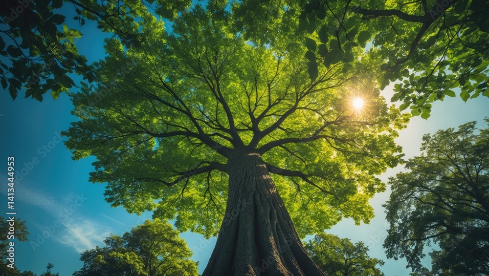 Poster observing a towering tree adorned with vibrant green leaves under a clear blue sky and sunlight in a