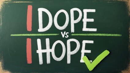 A blackboard representation of drug abuse and rehabilitation featuring tick boxes for dope and hope. Say no to dope and yes to hope.