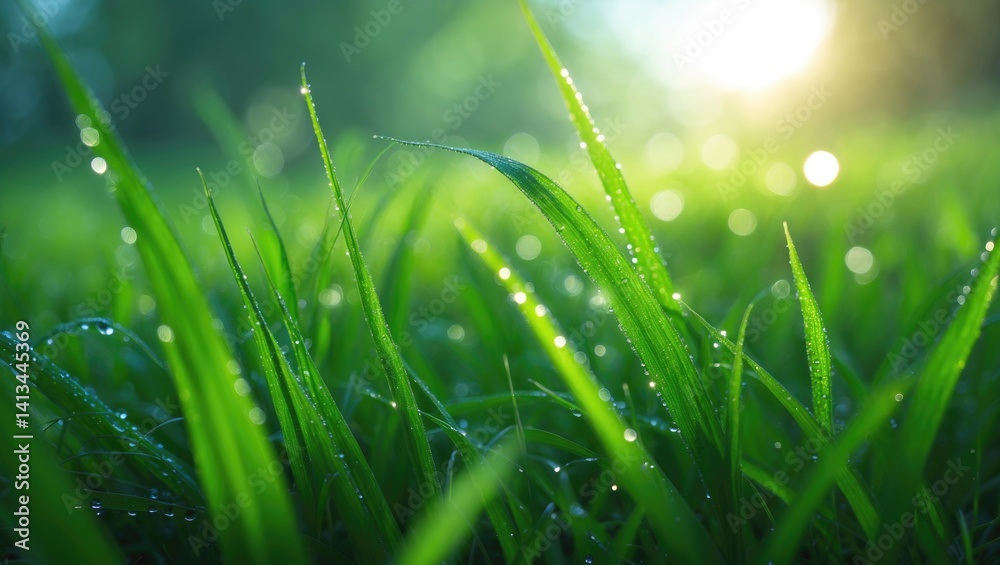 Poster Fresh dewy grass under sunlight. Meadow background with seasonal elements, light bokeh, and short depth of field. Horizontal close-up allowing for text space.