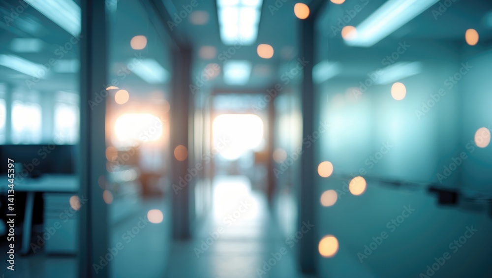 Poster modern interior featuring a blurred texture background of an entrance footpath with clear glass wall
