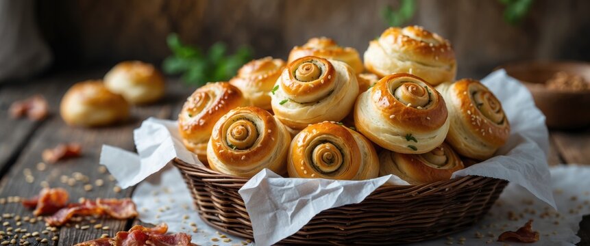 Comfort food: unsweetened snails in puff pastry with bacon and sesame seeds. - Powered by Adobe