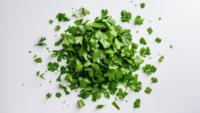 Freshly chopped parsley isolated. Top view of sliced cilantro leaves, raw garden parsley, chervil, and coriander on a white background