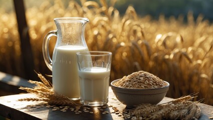 Oat milk in a glass jug with raw oatmeal in a bowl on the table
