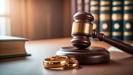 Family law principles and divorce legislation. Legal gavel, wedding ring, and law book in an office setting.