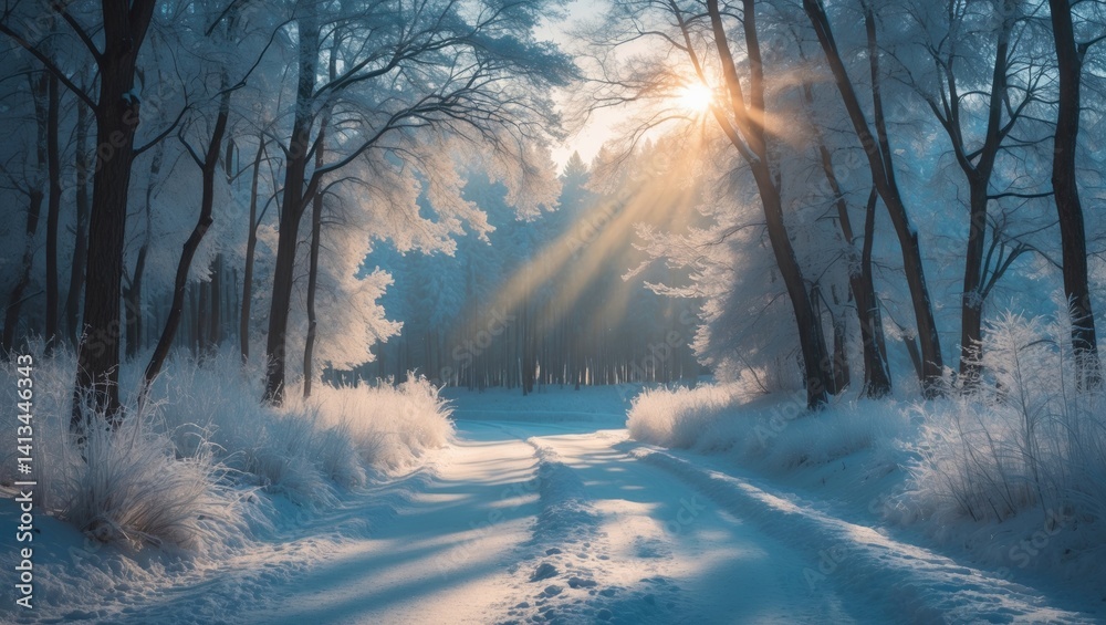 Aufkleber the sun radiates in the azure sky, heating the snow-covered path with beams passing through towering