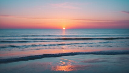 Fototapeta premium Sea beach at sunset. Sky and sun over the ocean. Water landscape at sunrise. Nature clouds on the horizon with waves at the coast. Beautiful orange dusk in the evening.