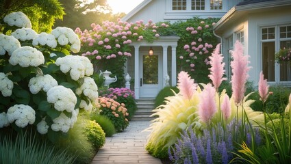 Home with beautifully designed front yard during summer.
