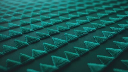 Closeup of a dark green matte hard carpet background, featuring a textured design of numerous triangles, typically found in ablution or wudhu areas.