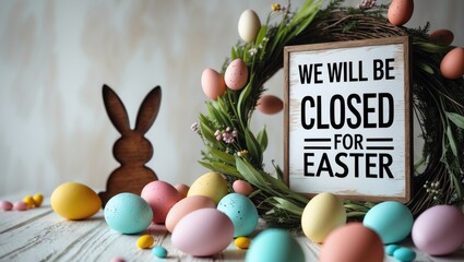 Sign indicating We will be closed. Eggs adorned with bright colors. Close-up view, inside environment, no one around. Best wishes for loved ones, kin, friends, colleagues.