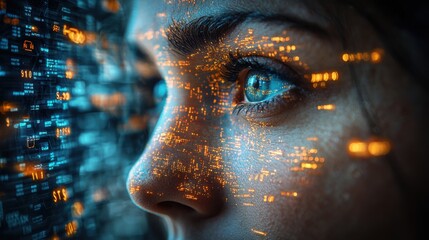Close Up of Woman's Face with Digital Data Overlay and Technology Elements