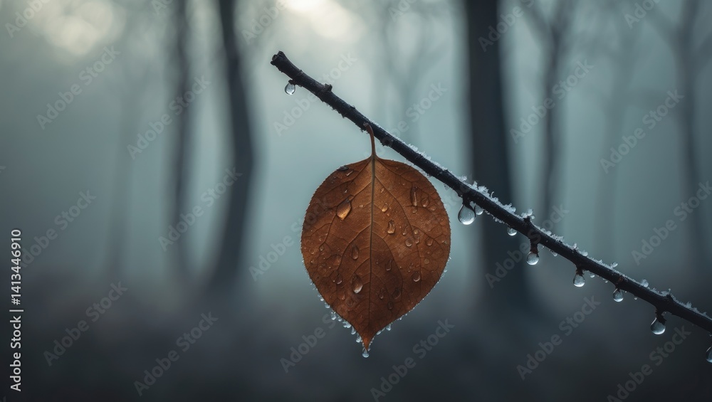 Aufkleber lone leaf on a tree limb blanketed with ice crystals. icy cold atmosphere.