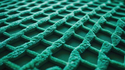 Fototapeta premium Textured dark green matte hard carpet with triangular shapes, seen in closeup, commonly used in places for ablution or wudhu.