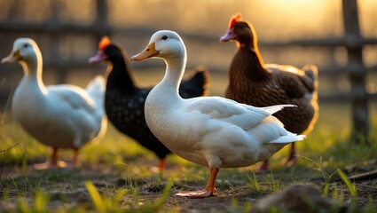 Obraz premium Ducks eat in a classic rural barnyard. Close-up of a duck's head. Waterbird up close in the barnyard. Concept of free-range poultry farming.