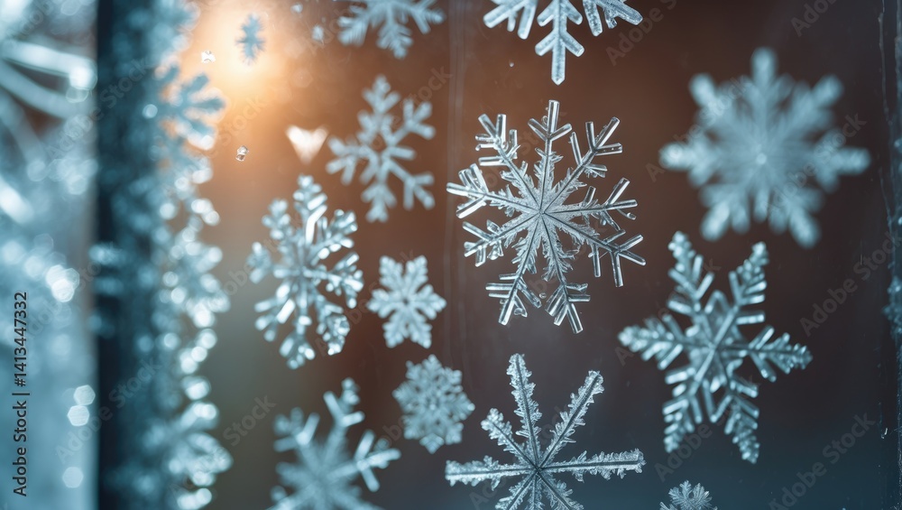 Aufkleber gentle snowflakes on window pane - frost patterns and textures