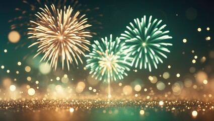 Naklejka premium Retro gold and green fireworks with bokeh in abstract holiday backdrop.