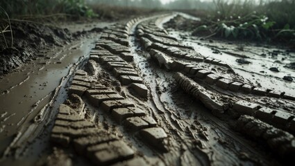 Overhead view of the wet muddy road's texture with impressions from tractor tires