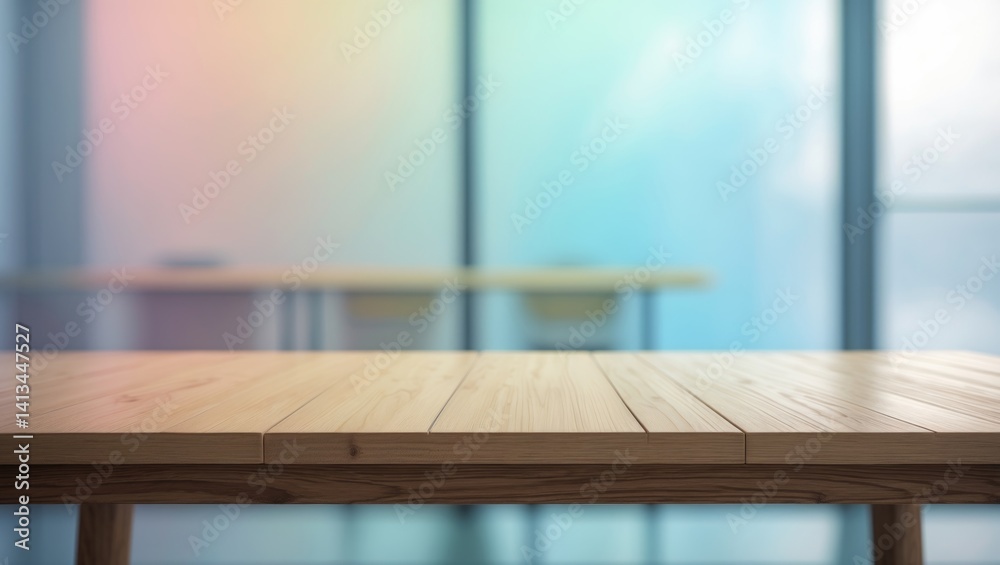 Poster empty wooden tabletop with blurred glass window wall banner mockup abstract background - suitable fo