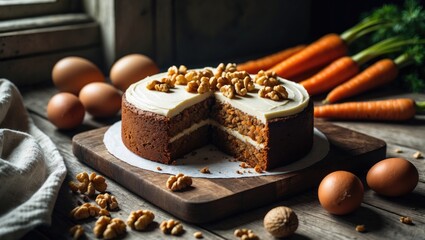 Fluffy and scrumptious carrot cake with walnut pieces.