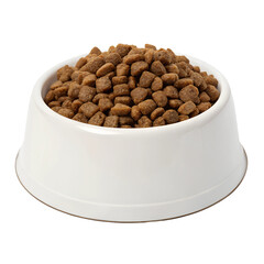 A white bowl overflowing with dry pet food, Isolated on a transparent background, PNG.