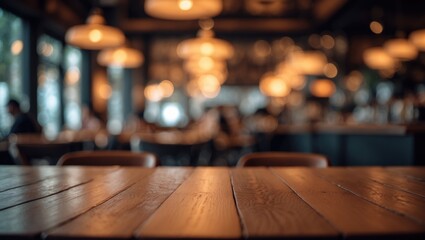 Wooden table surface against a bokeh blurred contemporary interior.