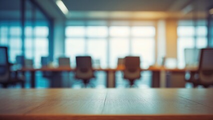 Fototapeta premium Blurry background of office space with table in the foreground