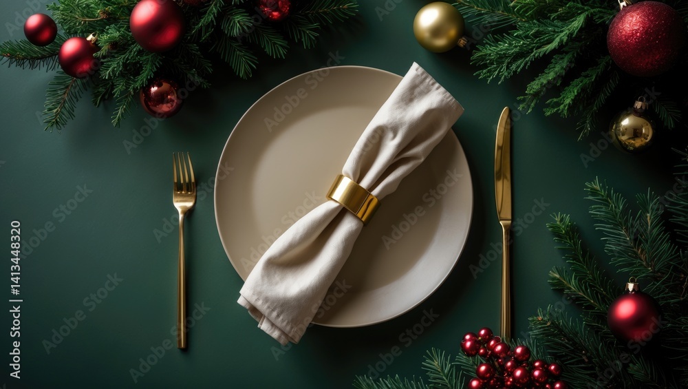 Poster christmas table seen from above featuring an unoccupied plate and golden utensils. festive atmospher