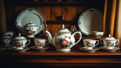 Chic retro kitchen decor featuring ceramic teapots, plates, and sugar bowls on a wooden shelf with drapery.