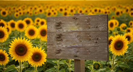 Rustic sign in a sunflower field sharing a heartwarming message bathed in soft golden sunlight and a