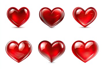 Six glossy red hearts, variations in shine and shade