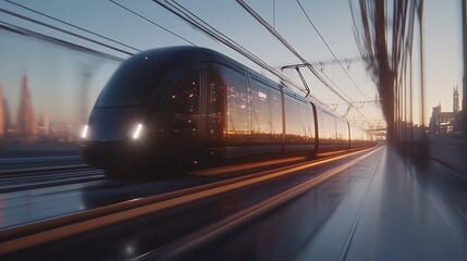 Fototapeta premium Futuristic train speeds through city