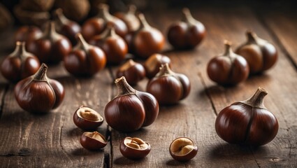 Commonly known as tree nuts, Aesculus hippocastanum arranged on a wooden table. Employed in health products for better blood vessel conditions.