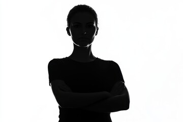 Silhouette of a sad woman standing with her arms crossed, isolated on a white background Generative AI