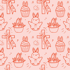Easter seamless pattern with bunnies, cupcakes, eggs and crosses